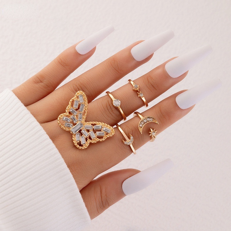 5 Pcs/Set Indah Vintage Pembukaan Adjustable Jari Cincin Elegan Kristal Wanita Fashion Berlian Bintang Bulan Butterfly Rings Sederhana Berongga Butterfly Ring Set