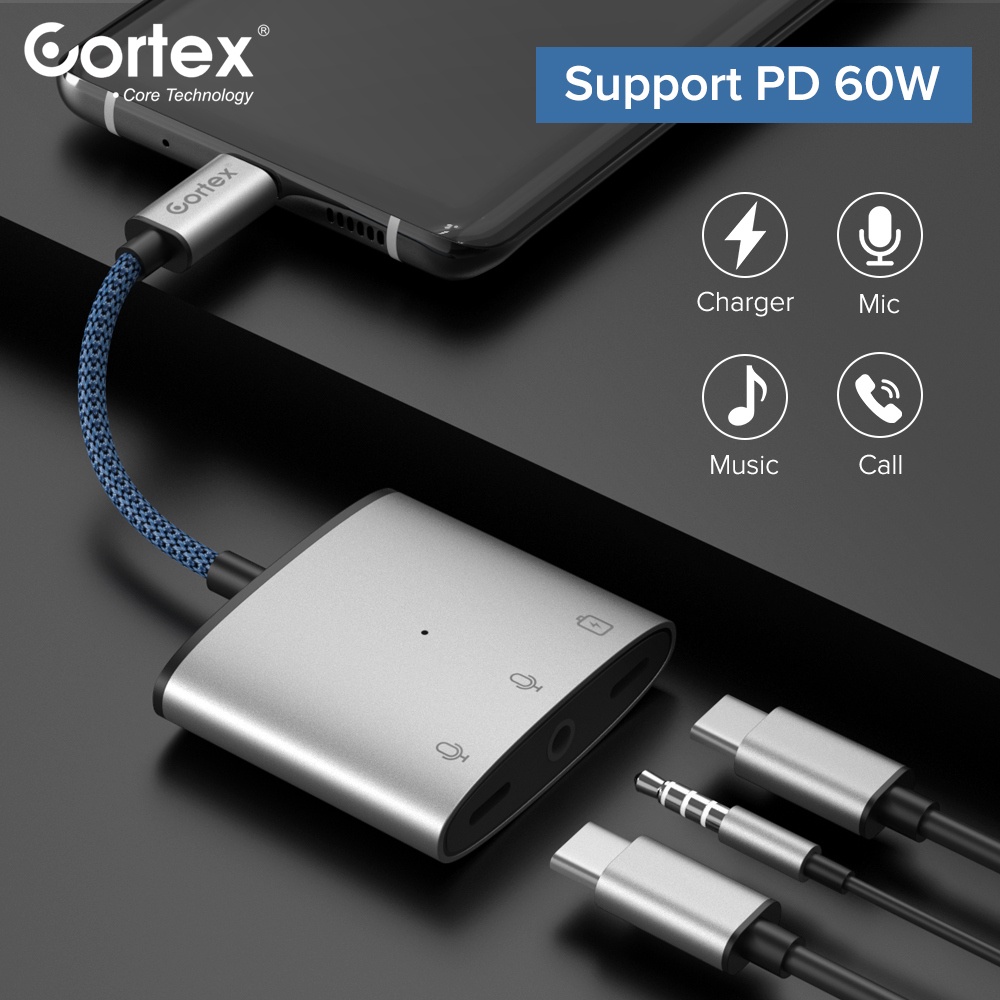 Cortex MH335 USB-C Splitter 3in1 Type-C to Charging + 3.5mm Audio + Type-C Audio Open Mic 60W Charging Adapter