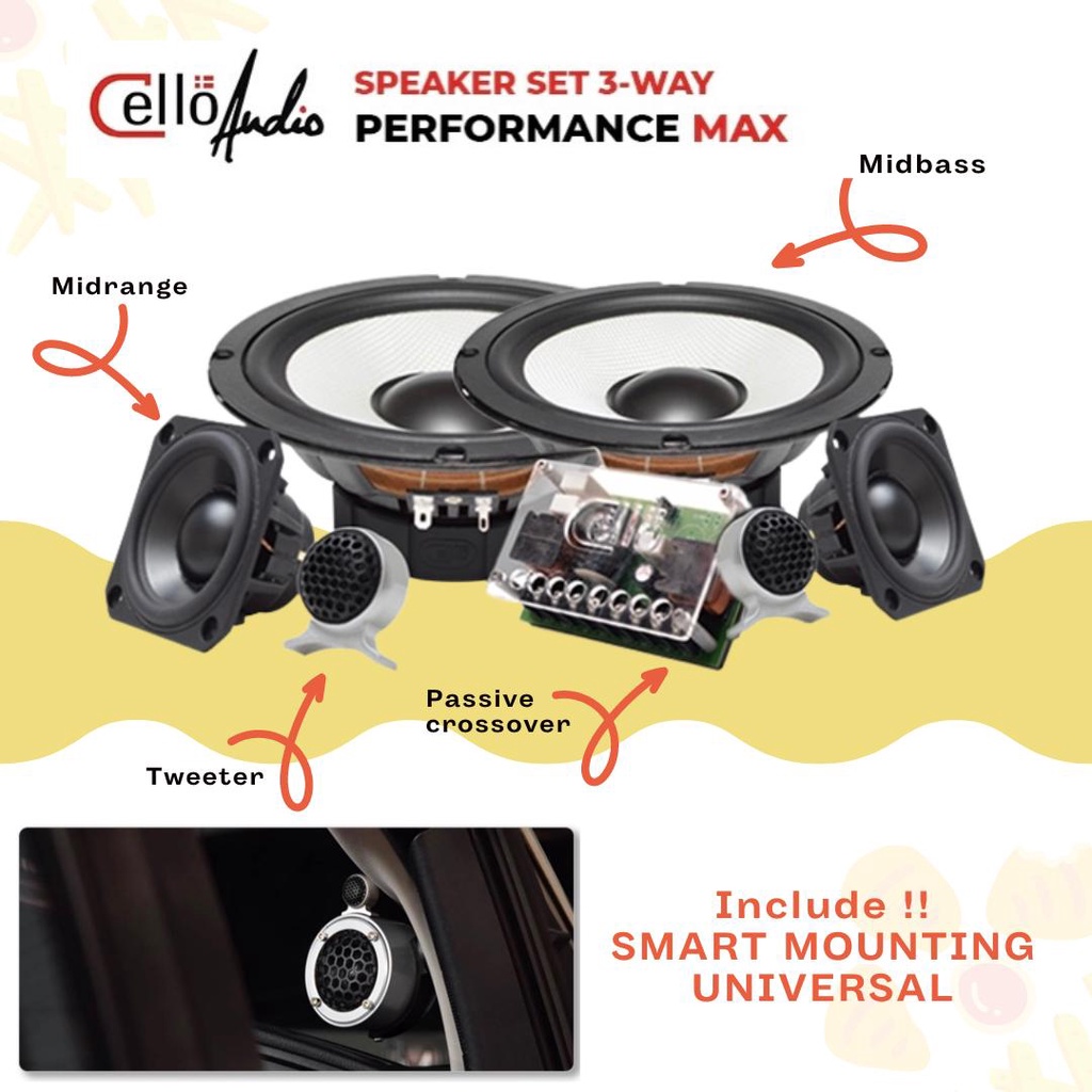 Speaker Split 3-Way Cello Performance Max Component Set Midrange Midbass Tweeter Pilar Mobil