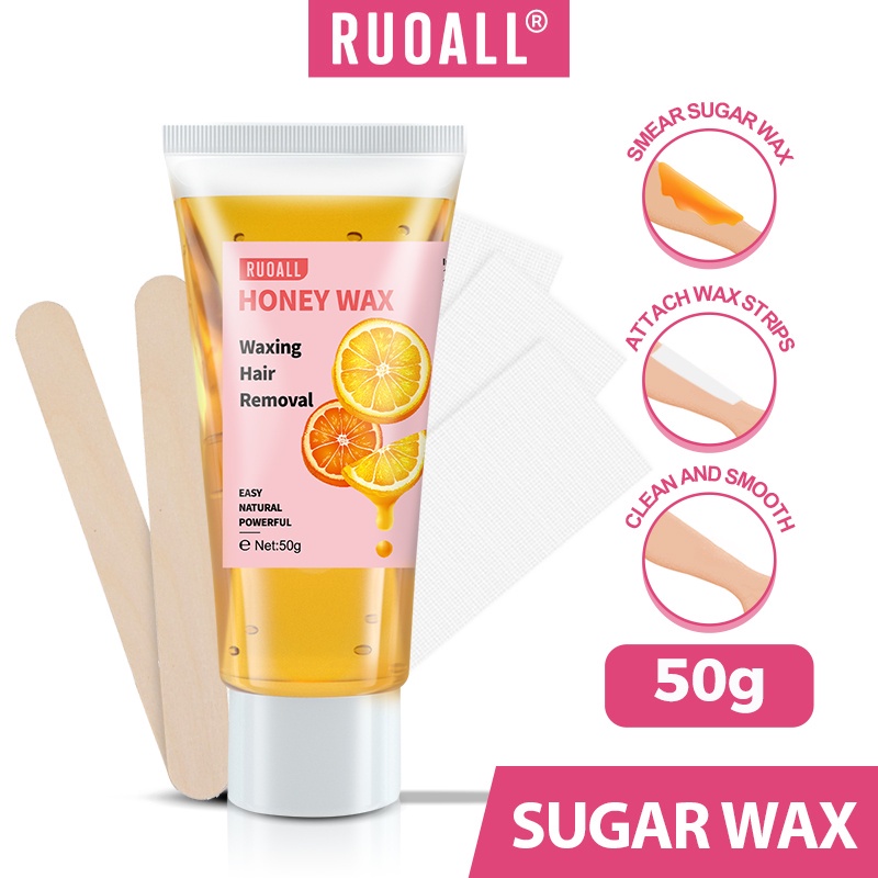 SET Waxing Gel Perontok Bulu Penghilang Bulu RUOALL Organic Honey Cold Sugar Wax Hair Removal Set Free 2 Wooden Sticks + 3 Depilatory Papers