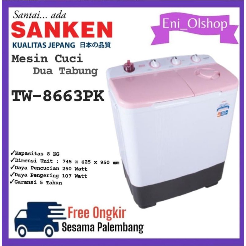 MESIN CUCI SANKEN 8 KG 8663, TW-8663PK 2 TABUNG