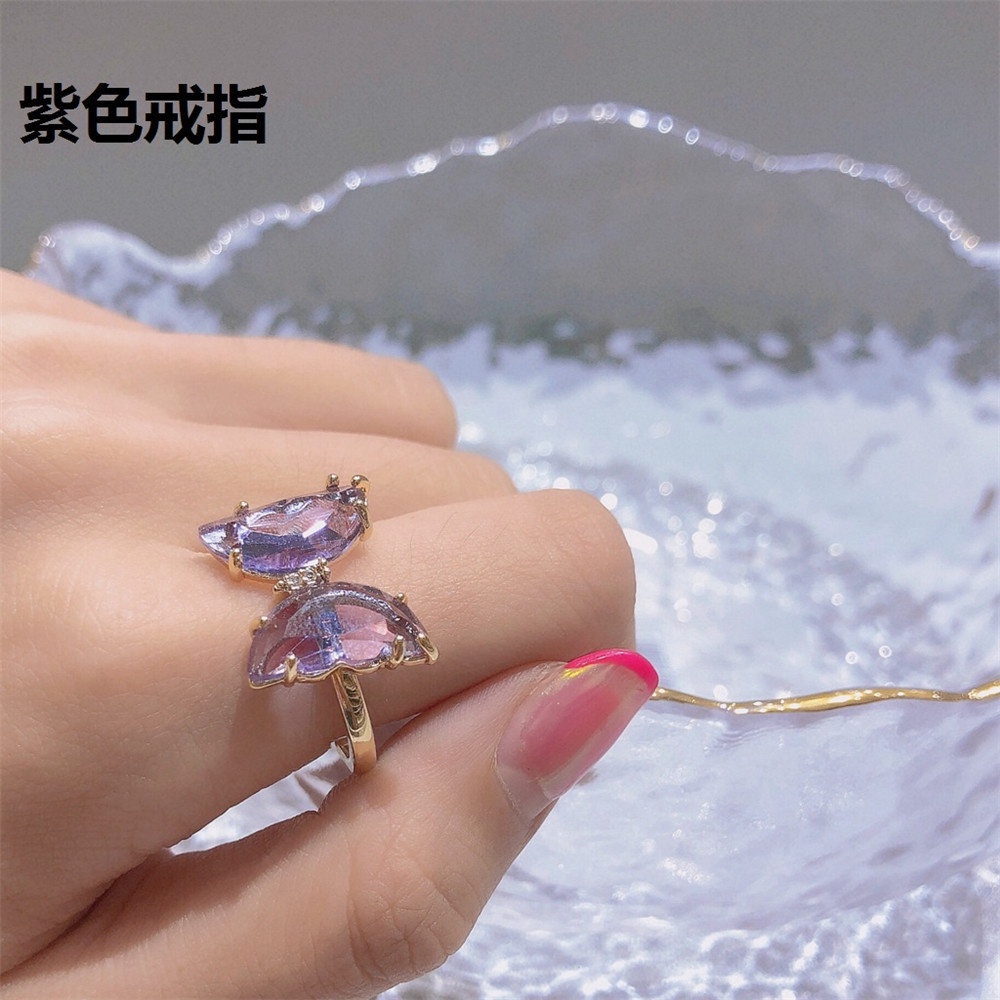 Woman fashion Super Peri Kaca Kristal Kupu-Kupu Terbuka Cincin Kalung Anting Perhiasan