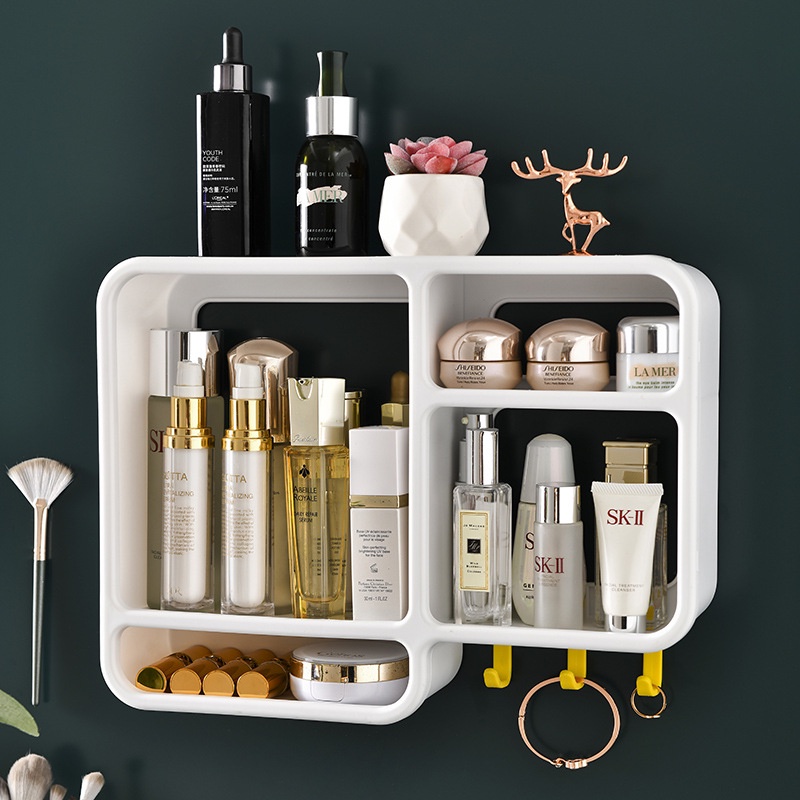 Rak Gantung Dinding Tempel Kokoh Kuat Premium Aesthetic Bahan PP Tebal Organizer Skincare Make Up Sabun Kamar / Kamar Mandi Ruangan Rumah Serbaguna Dengan 3 Kait Cantolan Shelf Rack