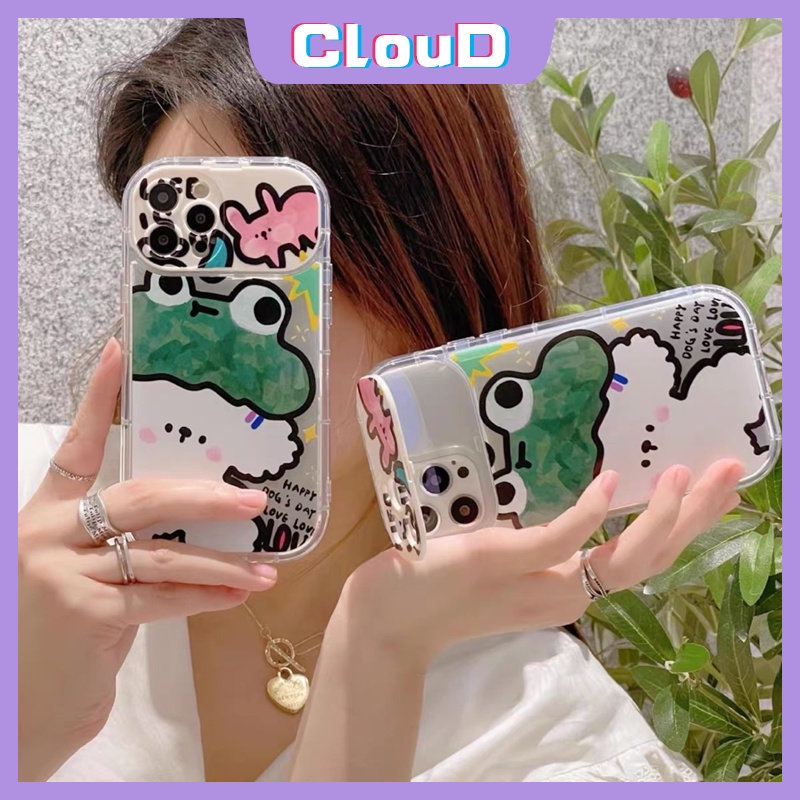 IPHONE Kartun Kelinci Flip Make Up Mirror Case Kompatibel Untuk Iphone7 8 Plus 11 Pro Max XR X XS Max 13 11 12 14 Pro Max SE 2020 Graffiti Hewan Lucu Kodok Anjing Soft Case