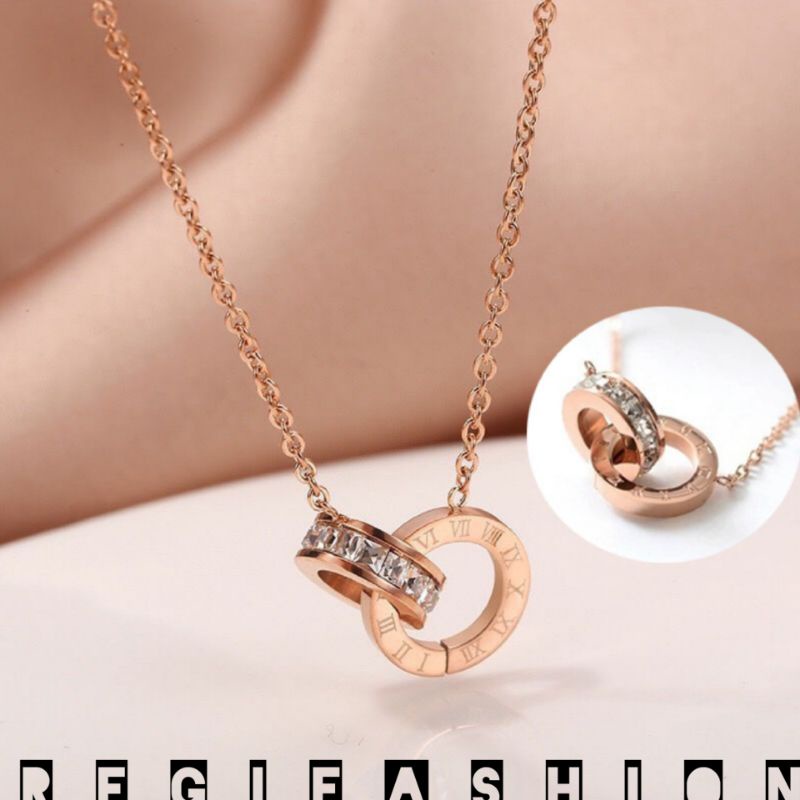 { COD } Kalung Titanium Wanita Korea Emas Lapis 18K Kalung Wanita Liontin Ring Permata Tanam Kalung Wanita Anti Karat Tidak Luntur