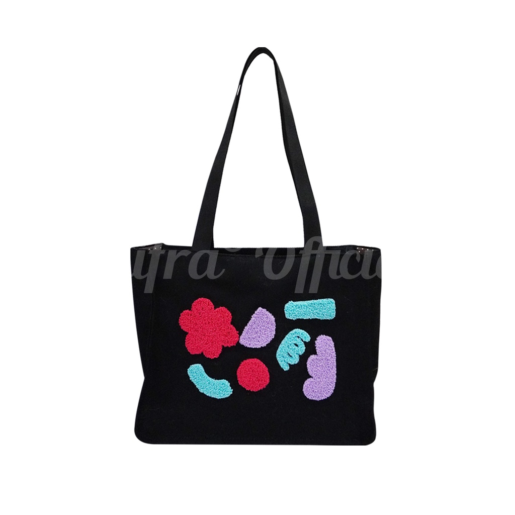 Shifra Tas Pundak Shoulder Bag Kanvas Wanita Sulam Embroidery Hitam Putih