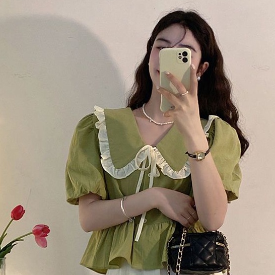 Rea Top Blouse Korea Style Lengan Pendek Kemeja Wanita Import