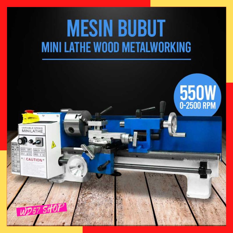 Mesin Bubut Mini Lathe Pertukangan Pemotong Besi Kayu Akrilik Alminium 550W