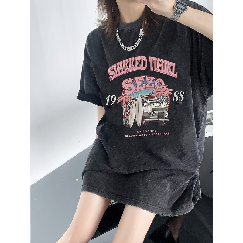 EUNII T-shirt Lengan Pendek Black Washed Retro Car Printing Korean Style/Kaos Atasan Wanita/Baju Wanita/Kaos Wanita