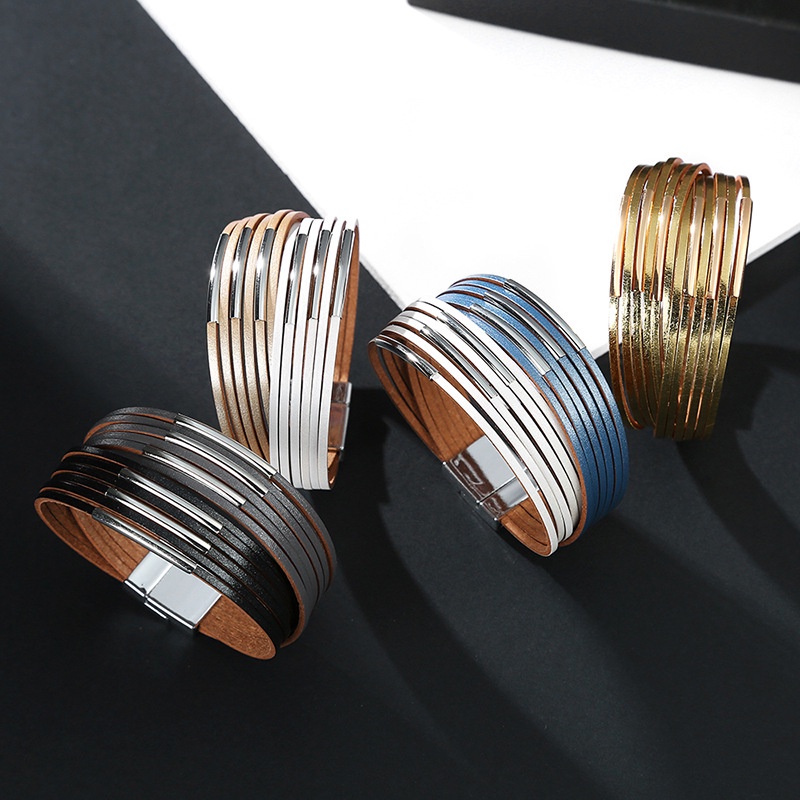 Gelang Magnetik Multilayer Bahan Kulit Gaya Eropa Amerika Untuk Perempuan