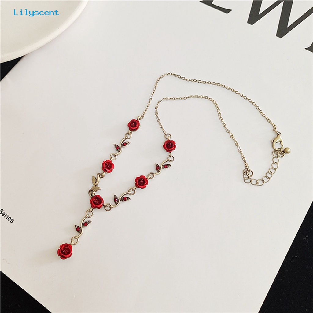 [LS] 1set Wanita Rose Kalung Gaya Perancis Retro Elegan Rantai Emas Peri Hadiah Adjustable Bunga Merah Gelang Stud Anting Kit Perhiasan Aksesoris