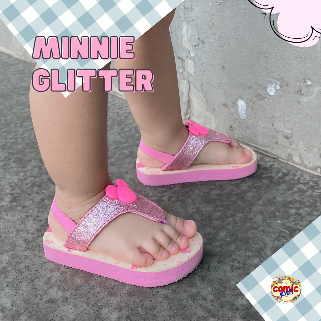 Sandal Jepit Anak Perempuan Comickids Sepatu Sendal Bayi Cewek Selop Slop Baby Girl Flip Flop Pink Slippers Minnie Mouse Glitter