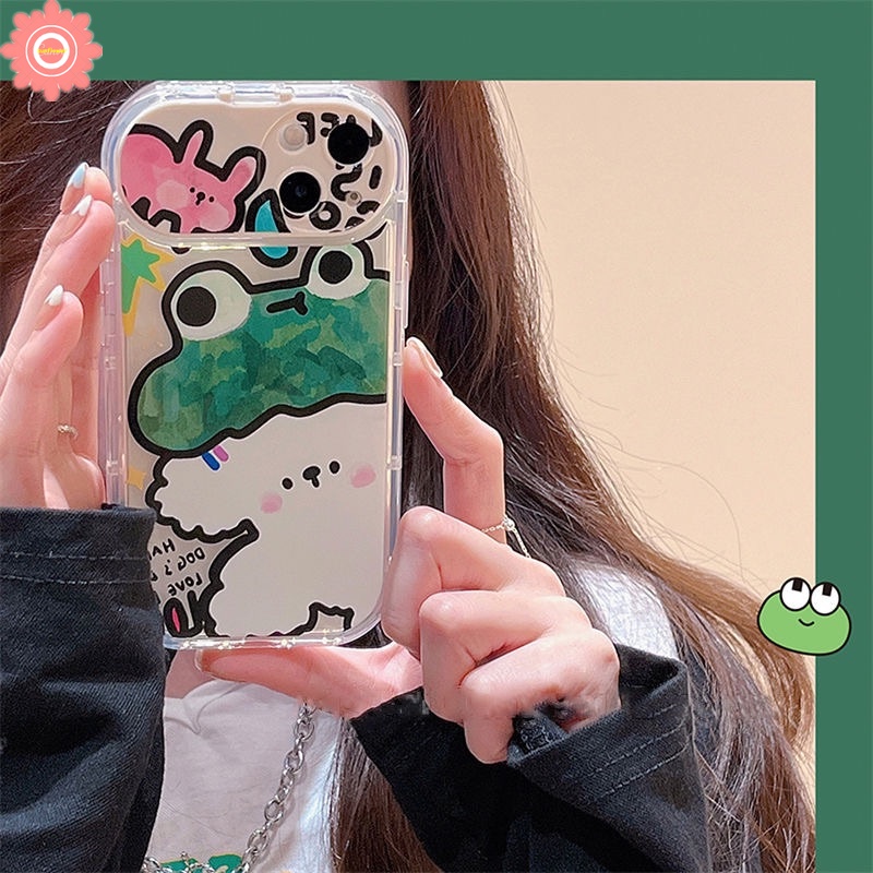 IPHONE Kreatif Flip Make Up Cermin Graffiti Case Kompatibel Untuk Iphone11 12 13 14 Pro MAX 7Plus 8Plus XR 14 Plus X XS MAX SE 2020 Lucu Kartun Hewan Kodok Anjing Kelinci Soft Case