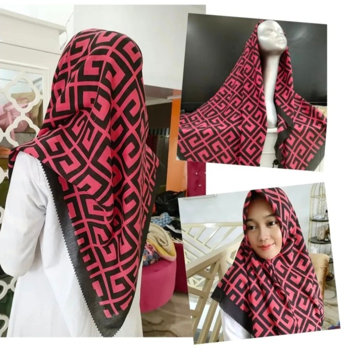 JM HIJAB SEGI EMPAT VOAL MOTIF GARIS MERAH HITAM KERUDUNG JILBAB MURAH
