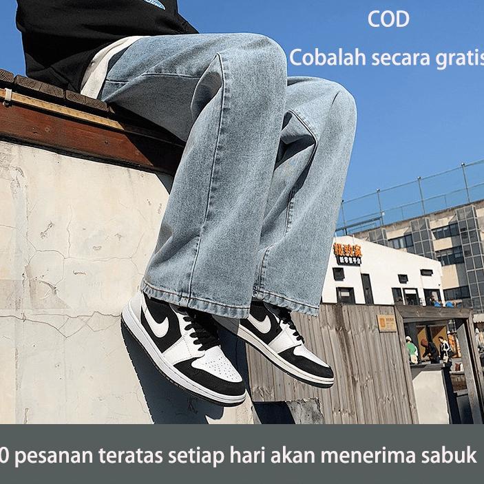 PALING LARIS jeans korean style pria High Street Dicuci Sederhana Longgar Lebar Kaki Celana loose je