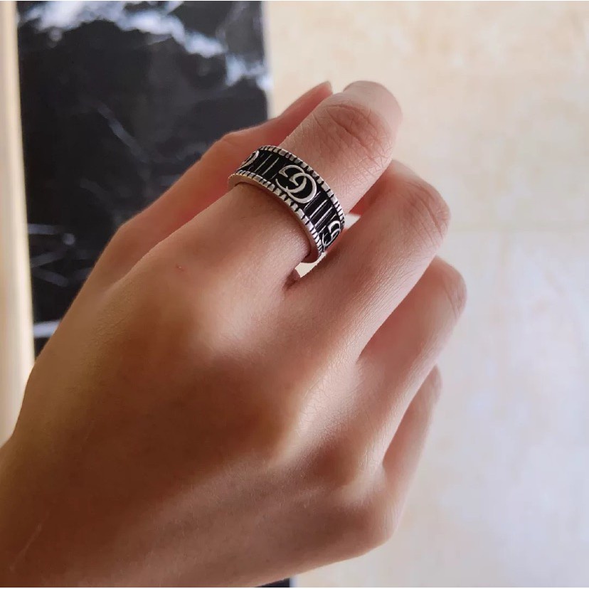 Cincin Bahan Titanium Steel Bentuk G Ganda | Cincin Format Bahan Stainless Steel Warna Hitam | Kotak Hadiah Untuk Hadiah |Aksesoris Cincin Gaya Keren