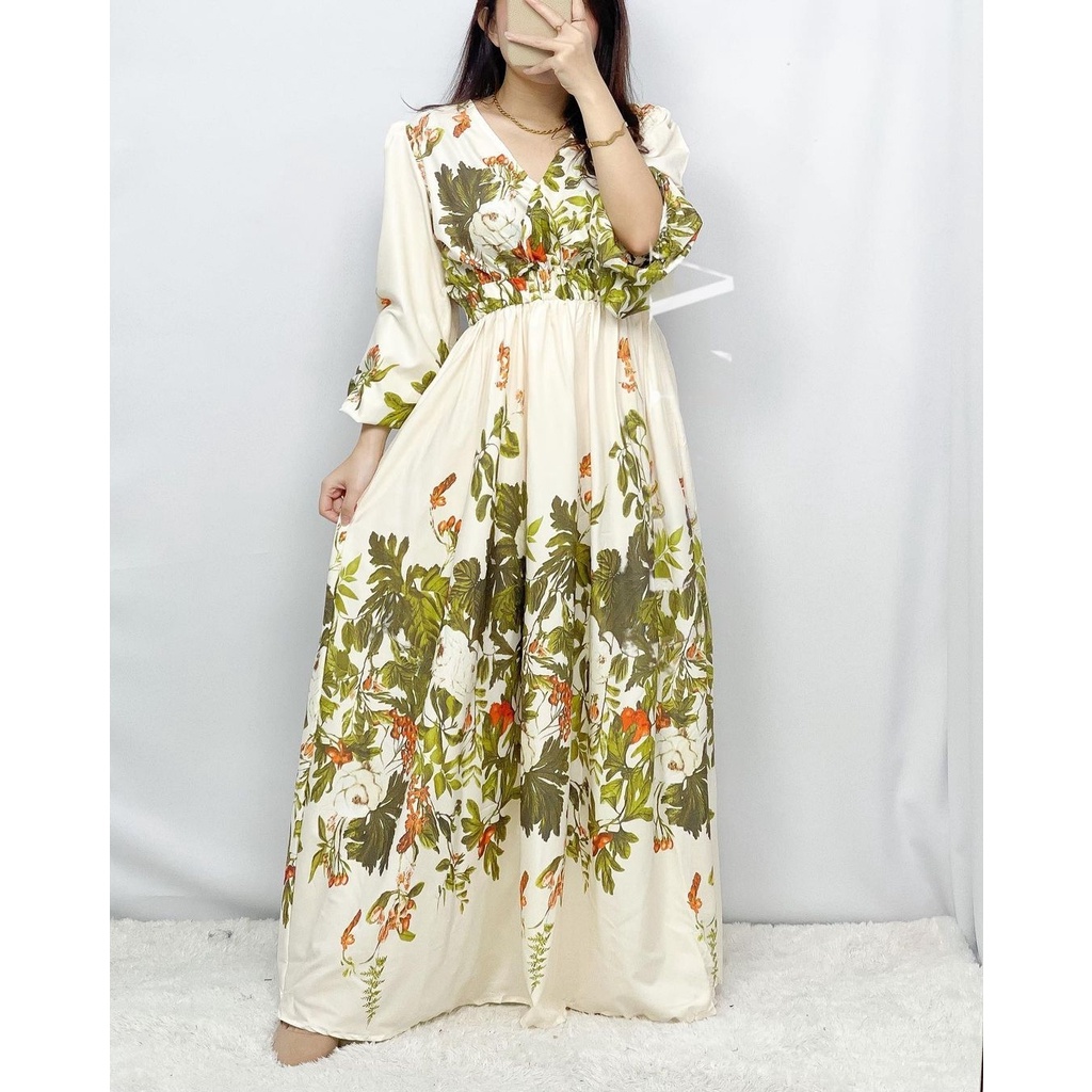 Maxi Dress Bunga Lengan Pendek Long Dress Tangan Balon