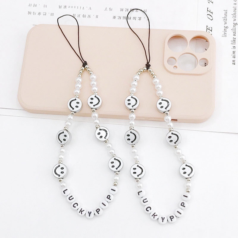Warna Silver Smile Face Bulat Manik-Manik Mutiara Rantai Anti Hilang Untuk iPhone Android OPPO VIVO Huawei Xiaomi Redmi Samsung Semua Ponsel Earphone Cases Tali