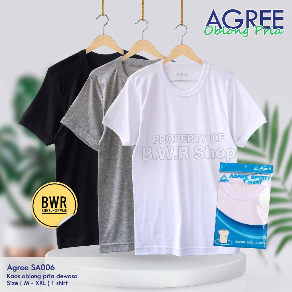 T-Shirt Kaos Oblong Agree SA006 Putih Hitam Abu / Kaos Dalam Pria Agree Super Soft &amp; Cool Sprot | Bwr