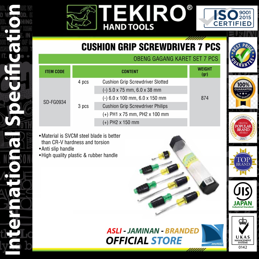 Obeng Gagang Karet Isi 7 pcs ( Anti Selip / Ujung Magnit ) / Cushion Grip Screwdriver Set TEKIRO