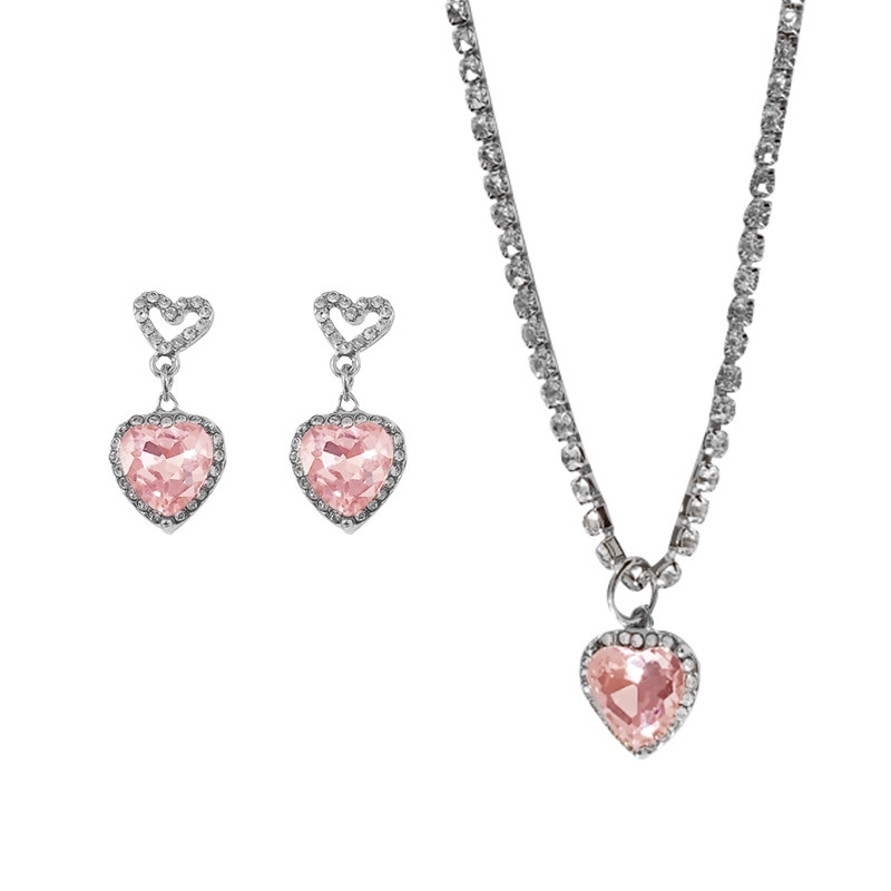 IFYOU Kalung Rantai Kristal Mengkilap Pink Zirconia Heart Pendent Necklaces Untuk Aksesoris Perhiasan Wanita