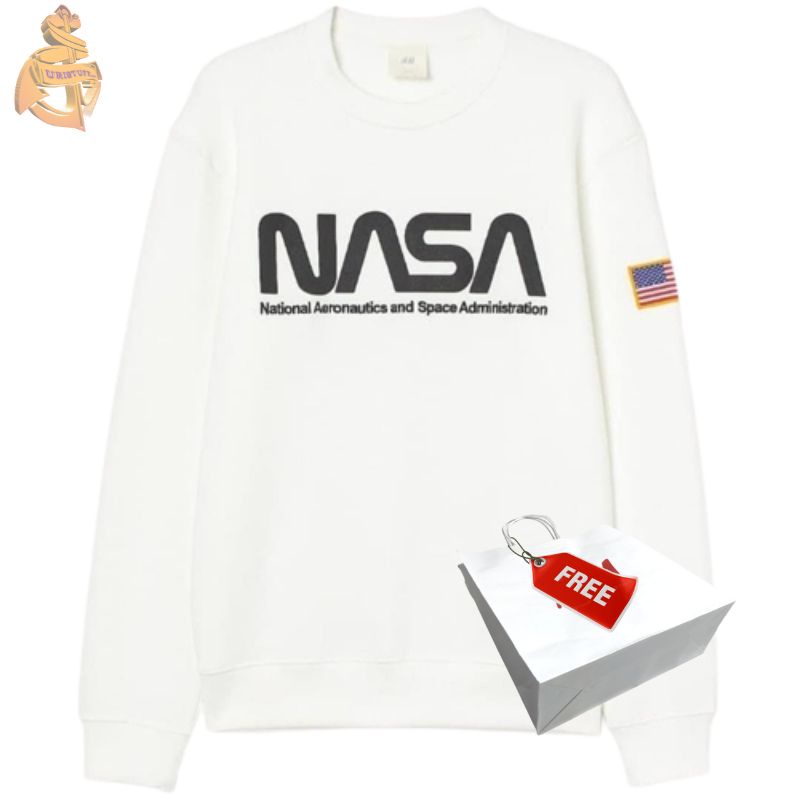 Sweater Crewneck H&amp;M Hnm Nasa White Putih Unisex Full Tag Free Paper Bag