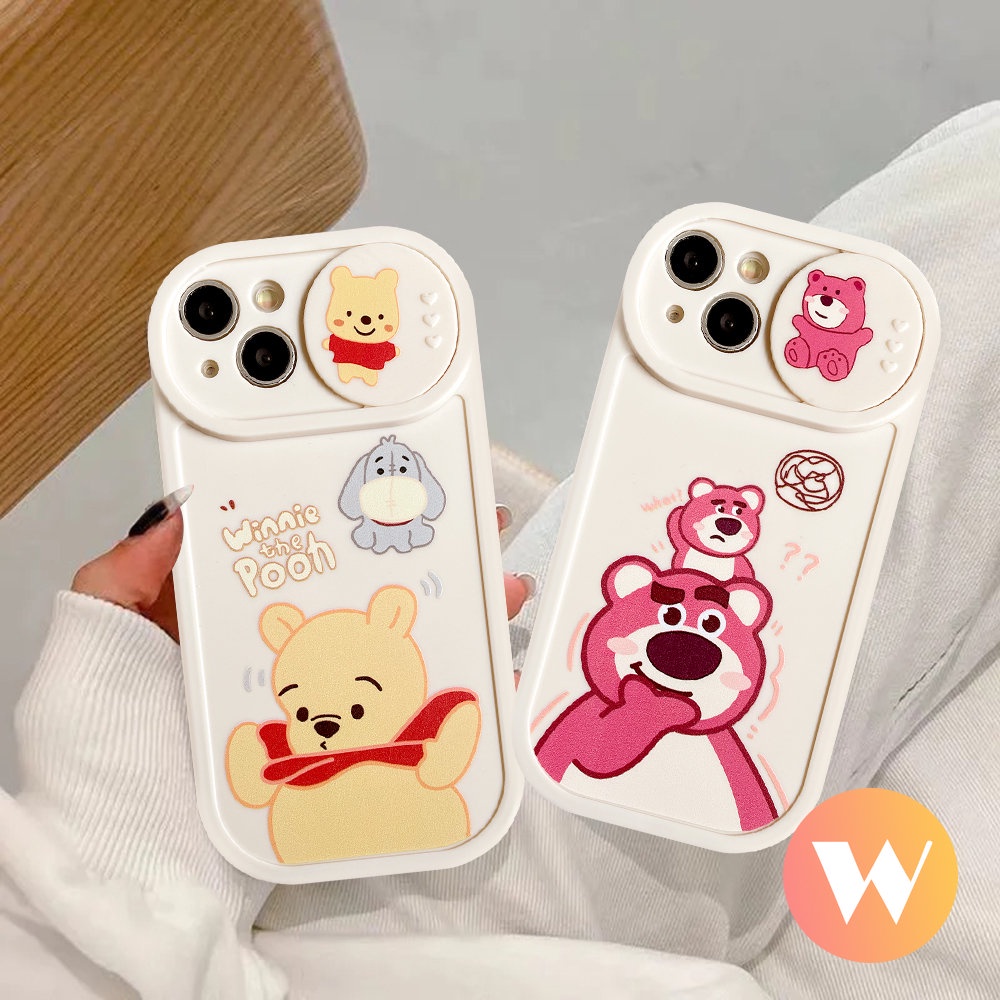 IPHONE Kartun Pasangan Case Kompatibel Untuk Iphone11 13 12 Pro Max 7Plus XR 6Plus X XS Max Cute Strawberry Bear Manyo Winnie the Pooh Pull Push Window Pelindung Kamera Soft Cover