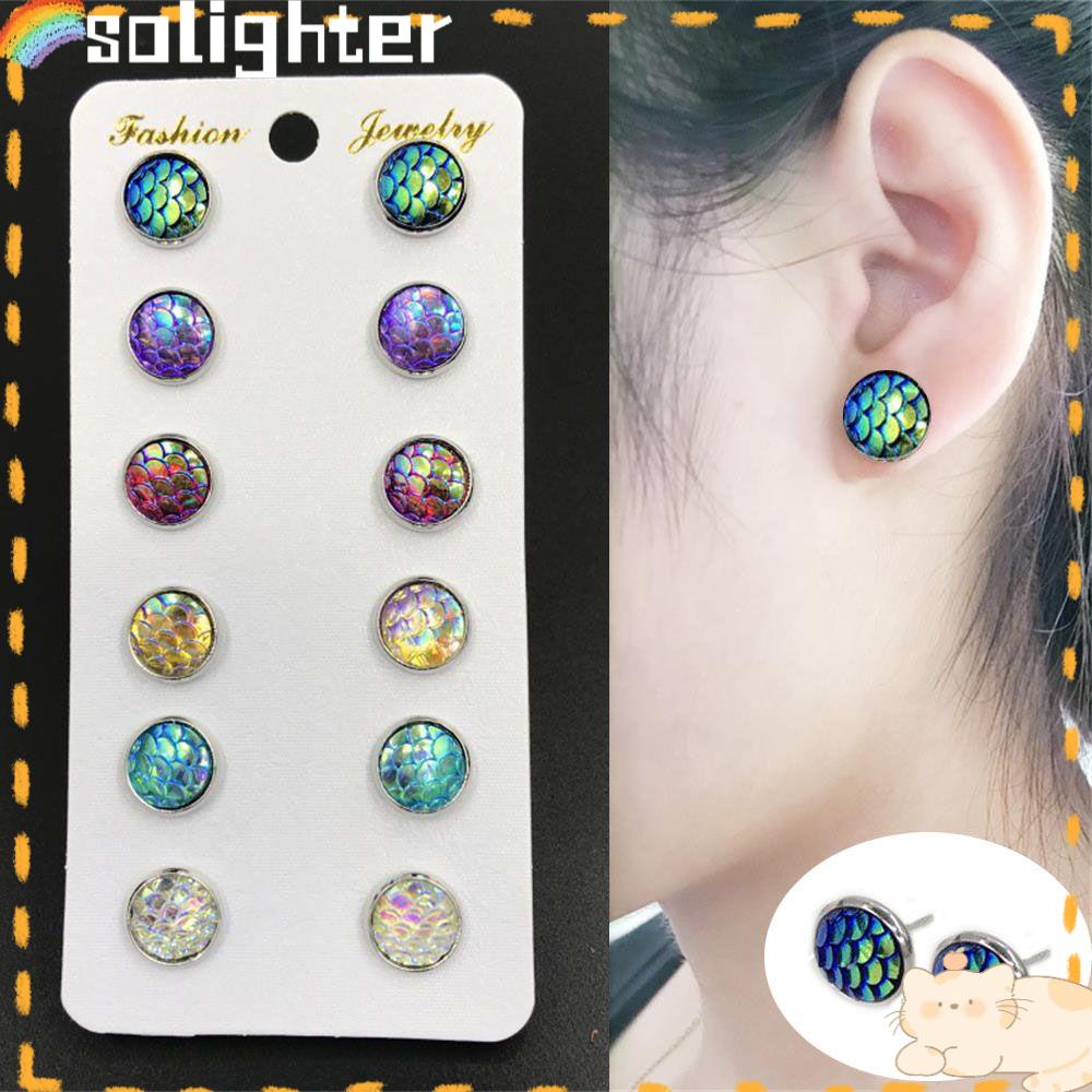 Solighter 6pasang/Set Anting Sisik Mermaid Perhiasan Bulat 12mm Unik