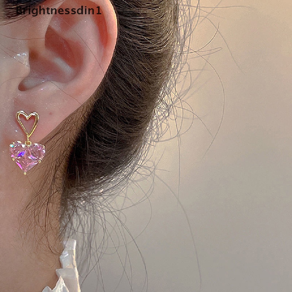 [Brightnessdin1] Elegan Halus Merah Muda Cinta Zirkon Klavikula Kalung Telinga Studs Wanita Anting Perhiasan Pesta Hadiah Butik