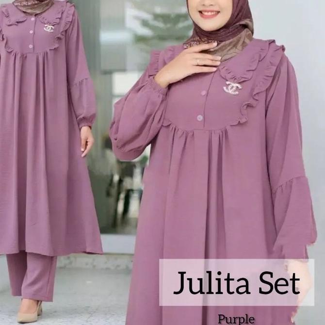 ⅎ RAYON crinkle JUMBO julita - One Set Tunik Anggita bahan Rayon premium full kancing adem tali samp