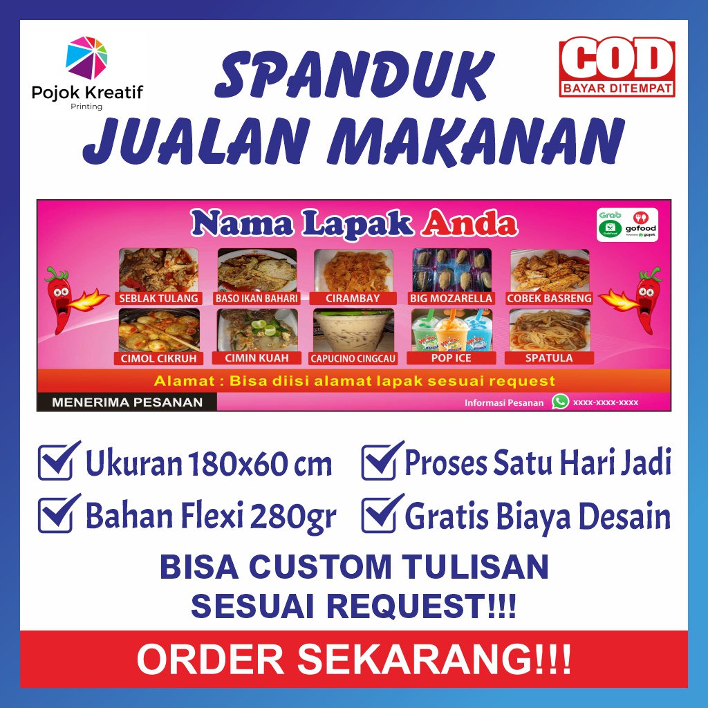 Spanduk Sepanduk Bener Baner Banner Benner Backdrop Plang Promosi Usaha Warung Jualan Seblak Cimol B