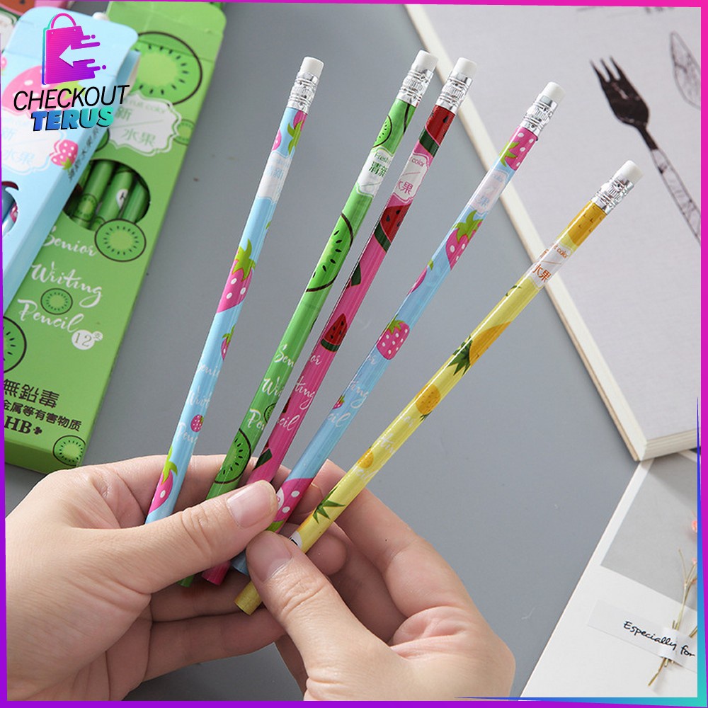 CT A49 Pensil Kayu Set 12IN1 Motif Buah With Eraser Alat Tulis Dengan Penghapus Sekolah 12pcs Pencil Fruits Praktis Import