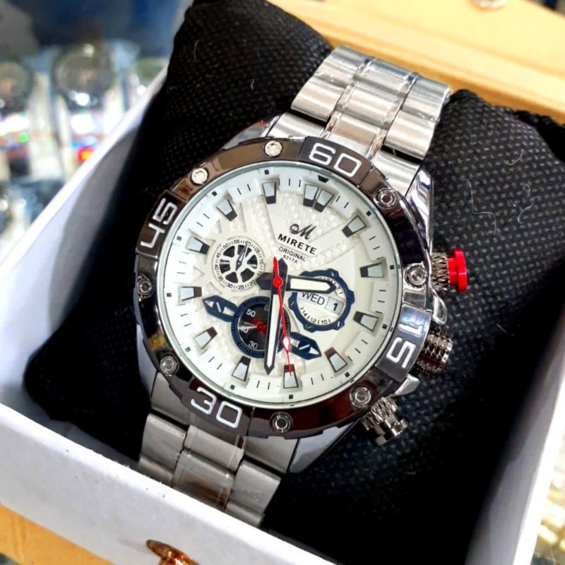 Jam Tangan Pria Mirete Model Terbaru Import Strap Rantai STAINLEES Steel || Tanggal Hari Aktif Free Box Exklusive || Water Resistance Analog Quart || Jam Tangan Pria Mirete Terlaris Dan Termurah Kekinian || Jam Tangan Fashion Pria Kasual COD