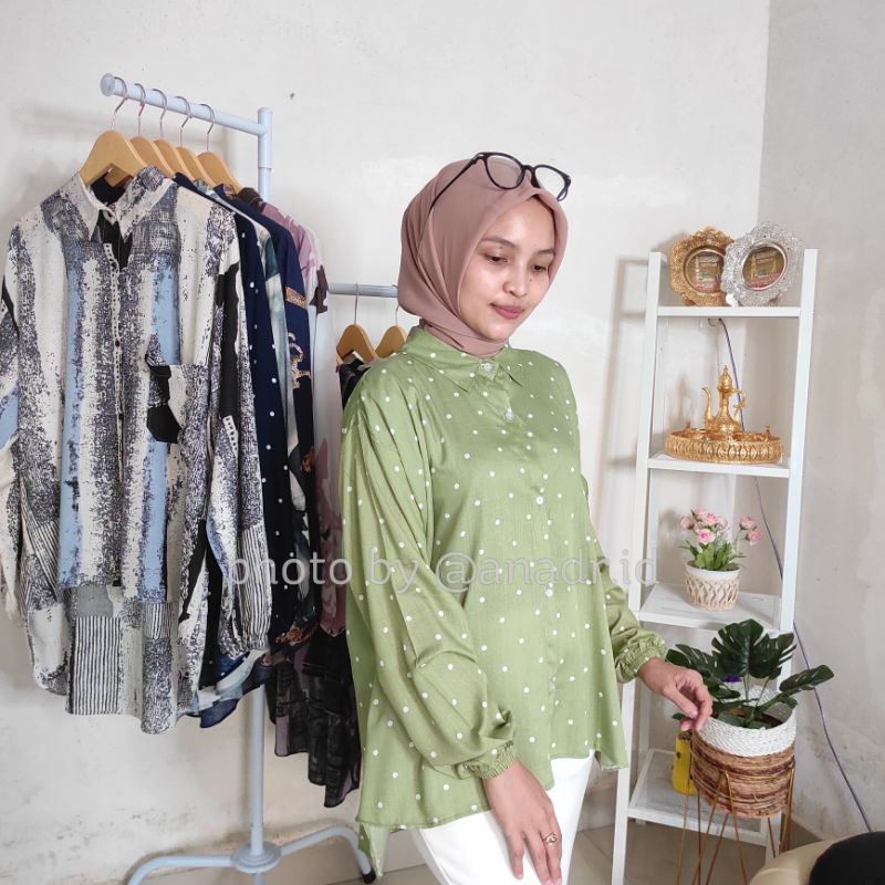 PATTERN OVERSIZE BLOUSE MOTIF POLKA MATCHA - KEMEJA MOTIF - KEMEJA OVERSIZE - KEMEJA BASIC