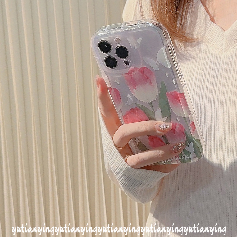 IPHONE Fashion Segar Musim Semi Bunga Casing Kompatibel Untuk Iphone11 13 12 Pro MAX XR 6 6S 7 8 Plus 14 Pro MAX X XS MAX Tulip Kupu-Kupu Shockproof Lembut TPU Airbag Phone Case