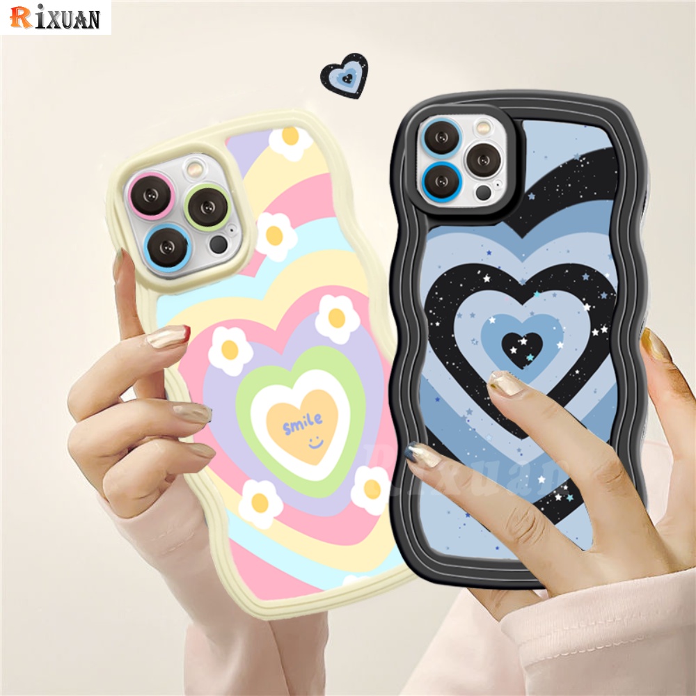 IPHONE Fashion Case Kompatibel Untuk Iphone11 13 12 14 Pro MAX iPhone7 8plus 6s Plus XR 14Plus XS MAX Gradiasi Pelangi Cinta Hati Bling Bintang Tepi Bergelombang Lembut Phone Cover RIXUAN