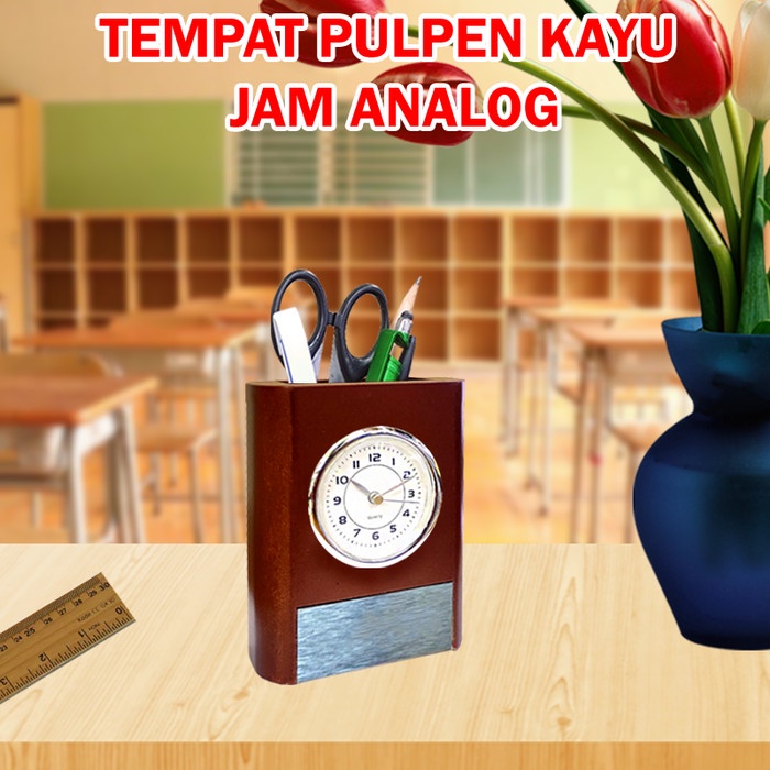 

Terlaris Tempat Pulpen Pen Holder Kayu Wadah Pen Jam Meja Souvenir Jam Analog