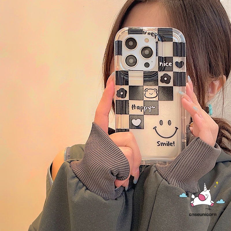 IPHONE Pasangan Casing Ponsel Kompatibel Untuk Iphone11 14 13 12 Pro MAX 6 6S 7 8 Plus XR X XS MAX Shockproof Airbag Lembut TPU Cover Ins Kotak-Kotak Beruang Smile Love Heart Flower Couple Case