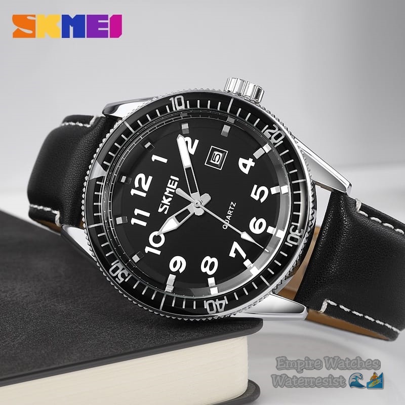 Jam Tangan Skmei 9232 Pria Cowok Tanggal AKtif Strap Leather Analog Kualitas Original Waterproof