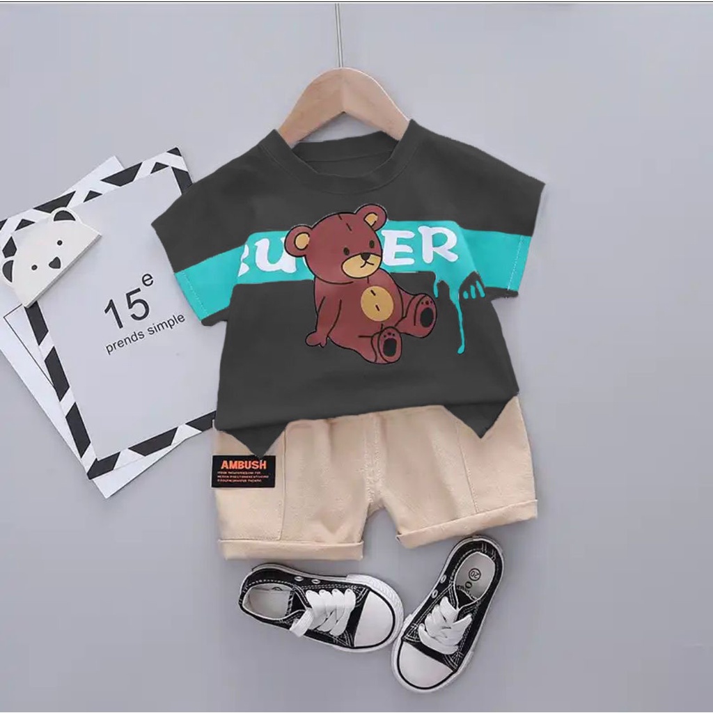 SETELAN ANAK BAJU KAOS CELANA PENDEK BAHAN KATUN ANAK UMUR 1-5 TAHUN MOTIF BEAR SETELAN BAJU ATASAN ANAK LAKI LAKI PEREMPUAN TERBARU