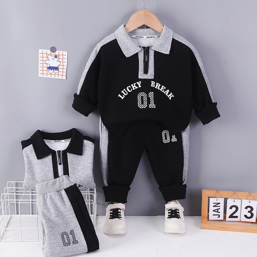 Setelan baju anak unisex MOTIF LUCKY grey &amp; black usia 6 bulan - 5 tahun / pakaian impor ala korea-babylovanta