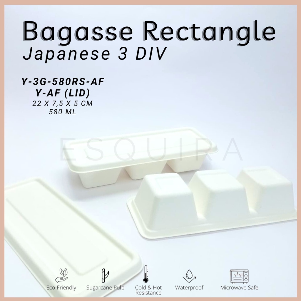 Bagasse Rectangle Japanese 3 DIV / Lunch Box /  Packaging makanan Serat Tebu / 10 Pcs / Y-3G-580RS-AF/Y-AF