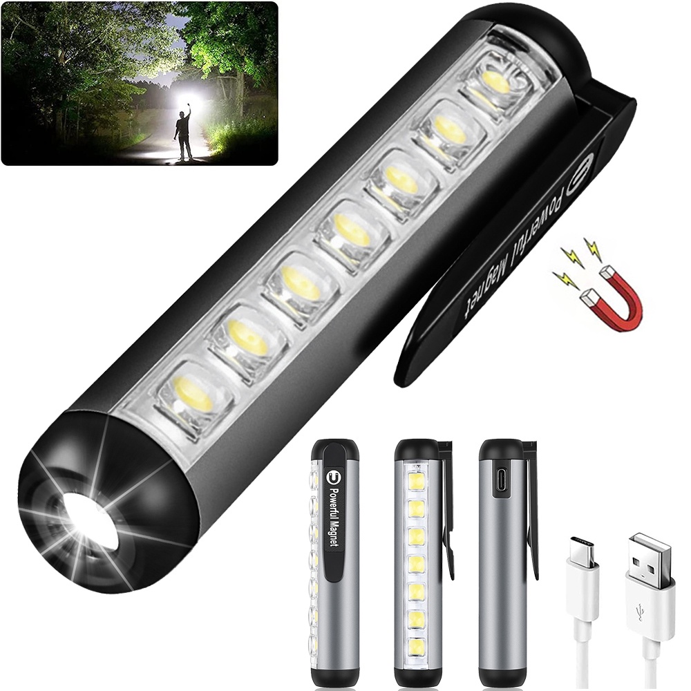 4mode Senter Genggam Dengan Pen Klip Magnet COB XPE Torch Super Terang Multifungsi USB Rechargeable Untuk Hiking, Camping, Emergency Waterproof Type-C Mini Portable