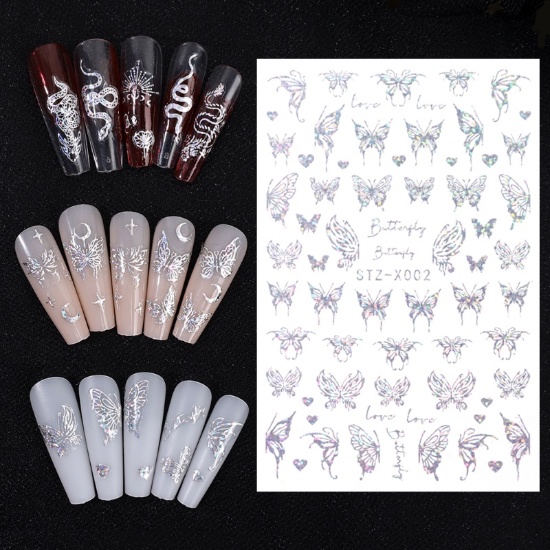 Aurora Perak DIY Kupu-Kupu Self-adhesive Nail Art Stiker 3D Reflektif Ular Naga Bintang Bulan Pola Hati Sparkly Decals Nail Art Dekorasi