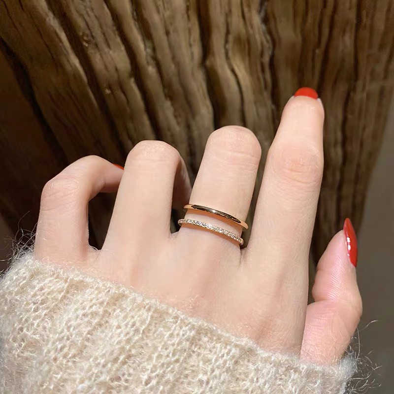 Cincin Berlian Model Hollow Lapis Ganda | Cincin Titanium Steel Lapis Rose Gold 18K Untuk Wanita | Kotak Hadiah Untuk Hadiah | Cincin Bahan Stainless Steel Untuk Perhiasan