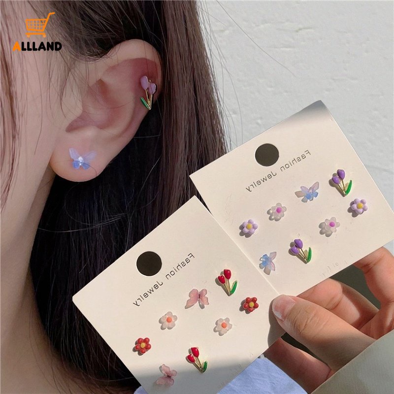 8pcs/set Anting Pejantan Bunga Kupu-Kupu Musim Semi/Anting Bunga Tulip Warna-Warni Manis/Hadiah Perhiasan Wanita Gadis