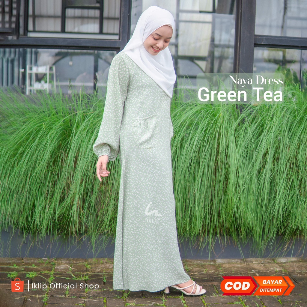 IKLIP Naya Dress Green Tea ~ Dress Muslim Motif Bunga Casual Feminine Dress