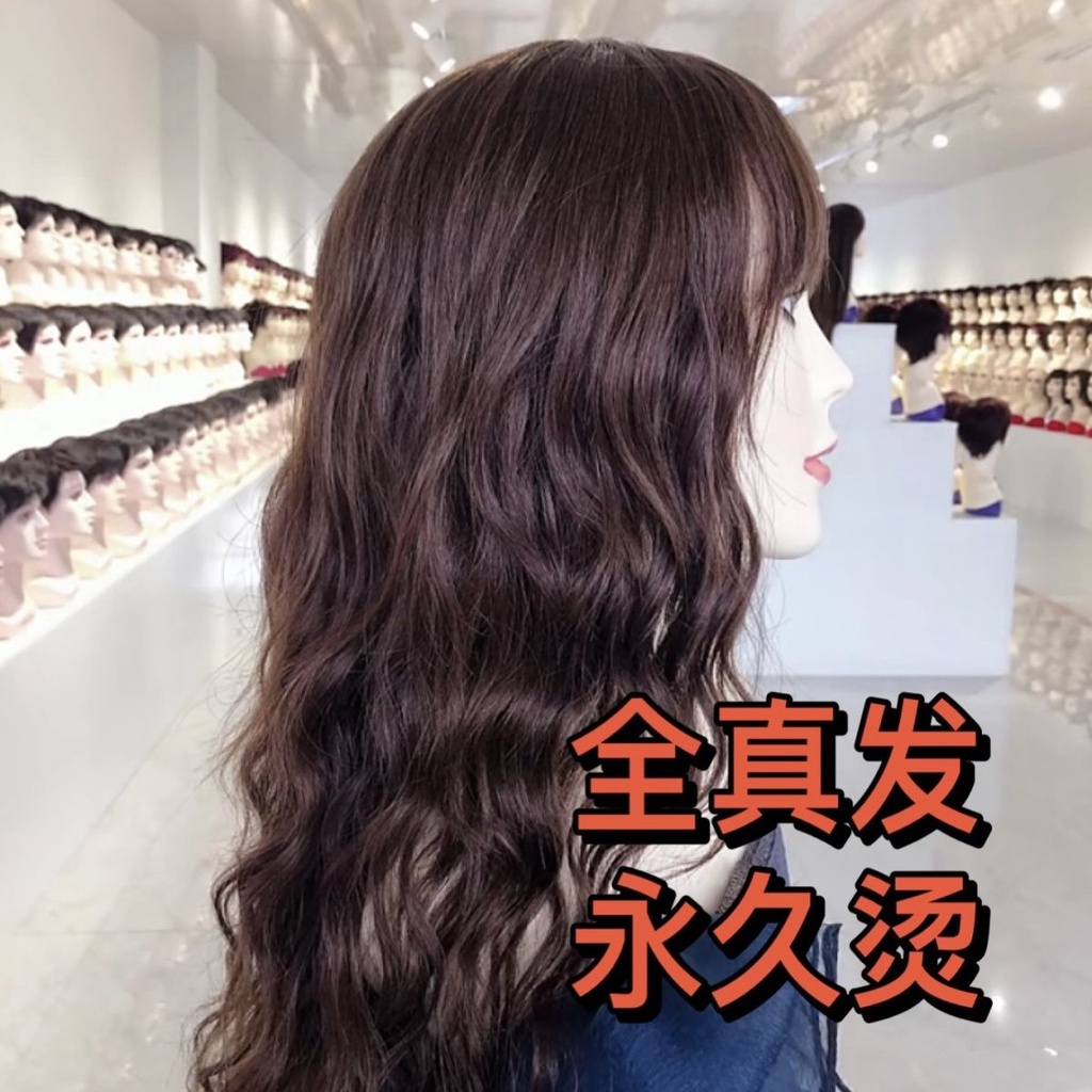 Wig wanita rambut panjang rambut asli penuh rambut manusia asli menutupi rambut keriting panjang gelombang besar simulasi alami realistis bentuk penutup kepala penuh