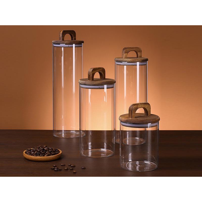 Toples Kaca Tutup Kayu Tabung Kedap Udara Kaca Botol Penyimpanan Dapur