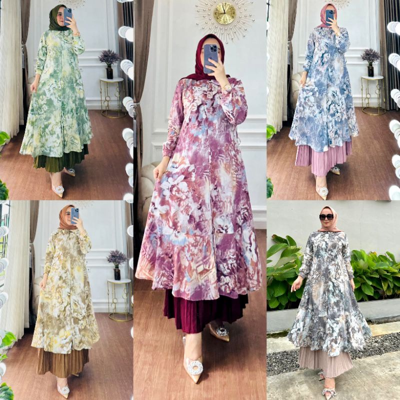 ALISHA MIDI DRESS SET ABSTRAK BUNGA ORI